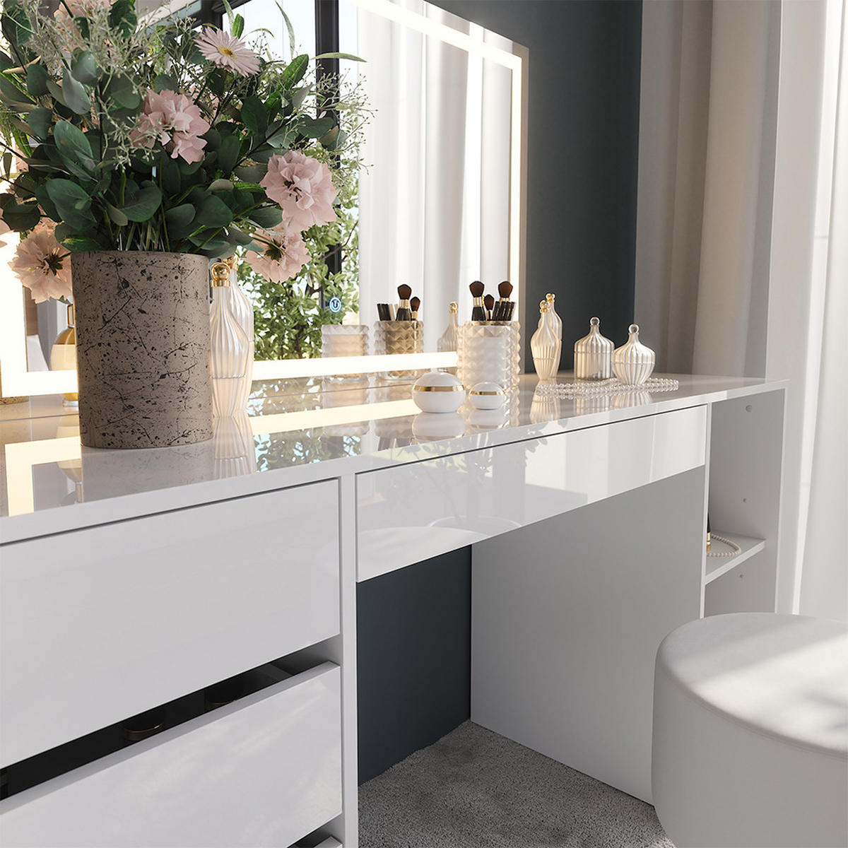 SCHMINKTISCH Sherry Weiß/Weiß Hochglanz 158.2 cm mit LED-Spiegel und Hocker - Weiß Hochglanz, Holzwerkstoff (158.2/76/50.1cm) - Vicco