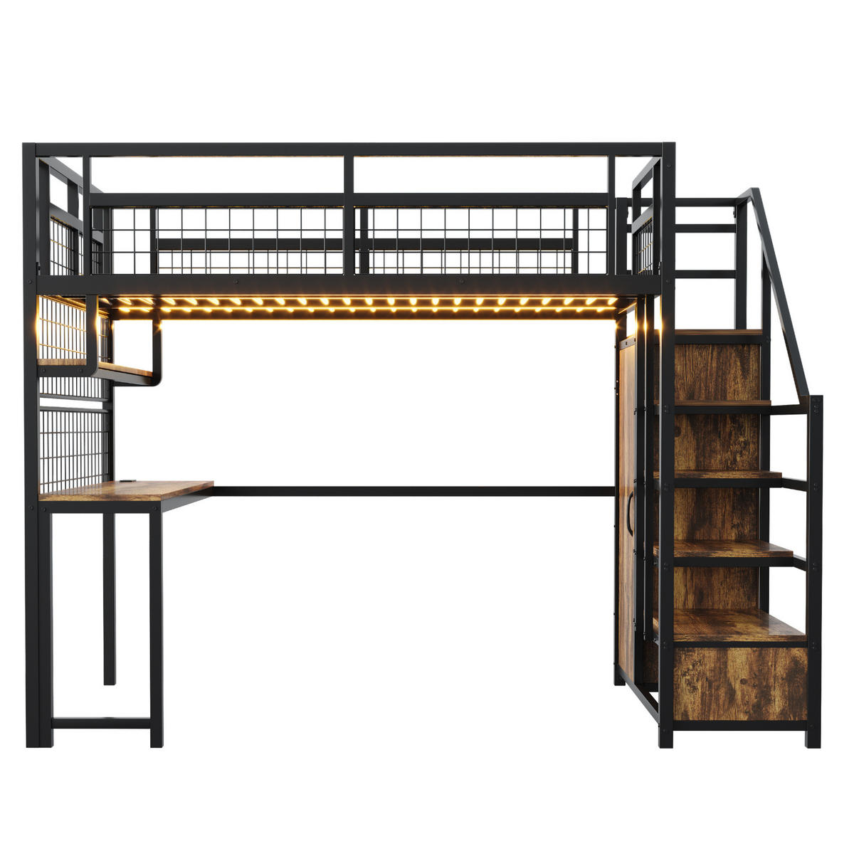 HOCHBETT 140/200 cm, Schwarz mit Schreibtisch, Regal und Stauraumleiter - Schwarz, Metall (140/200cm) - MIVRAY
