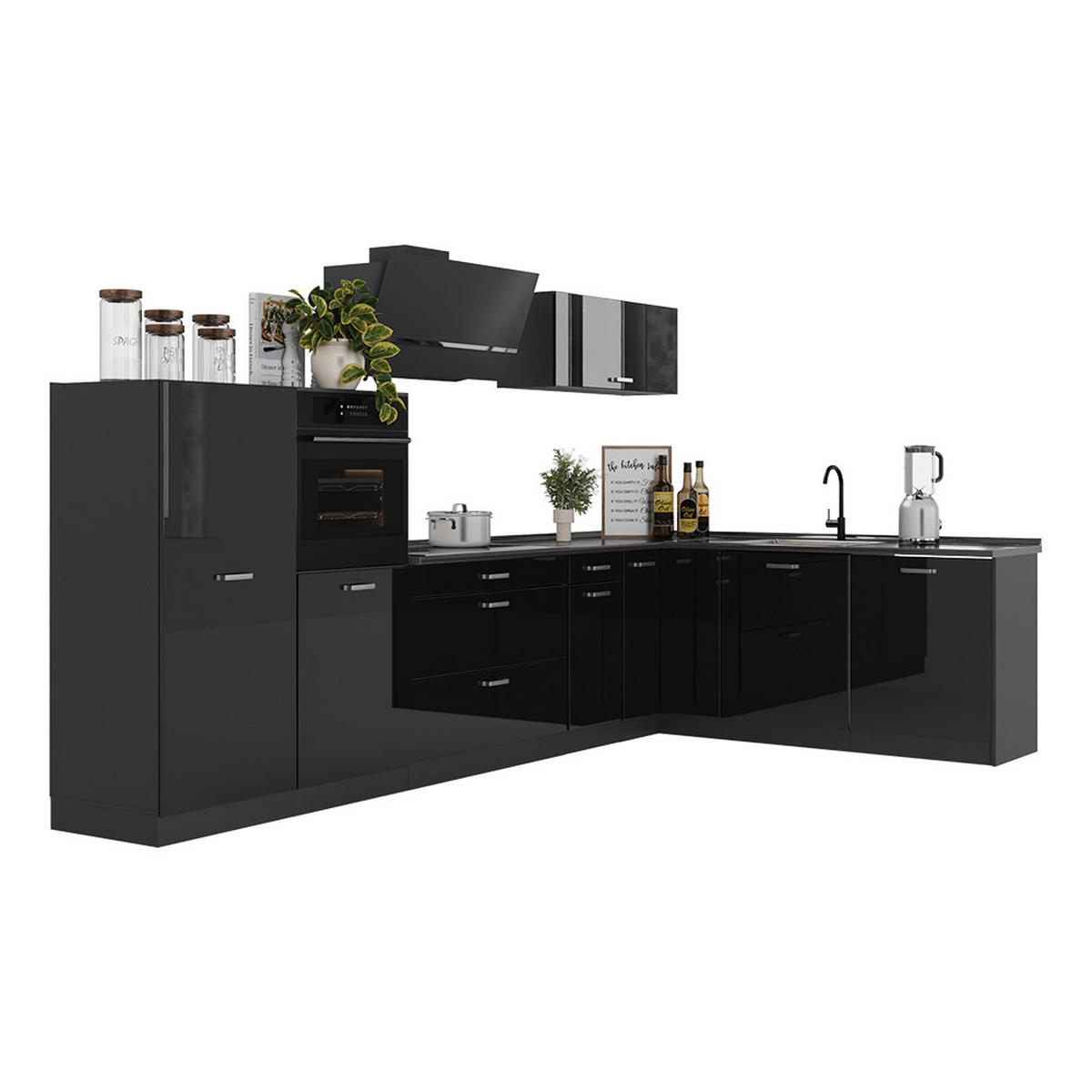 ROHOVÁ KUCHYŇ R-Line, Černý vysoký lesk/Antracit, 347 x cm pracovná doska antracitová - antracitová/vysoce lesklá černá, kompozitní dřevo (347/143/60cm) - Vicco