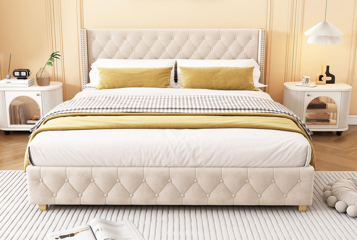 POLSTERBETT 180/200 cm hellbeige aus Samt mit Lattenrost - Beige, Textil (180/200cm) - OKMYHOME