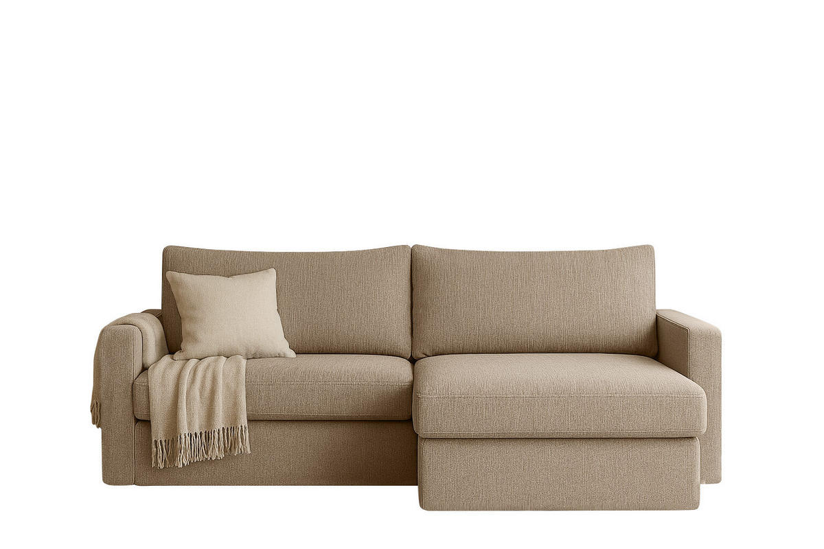 ECKSOFA Mit Schlaffunktion Und Bettzeugablage LUBEKA Stoff Faro Dunkelbeige Rechts - Cappuccino, Holz (224/147cm) - Kaiser Möbel