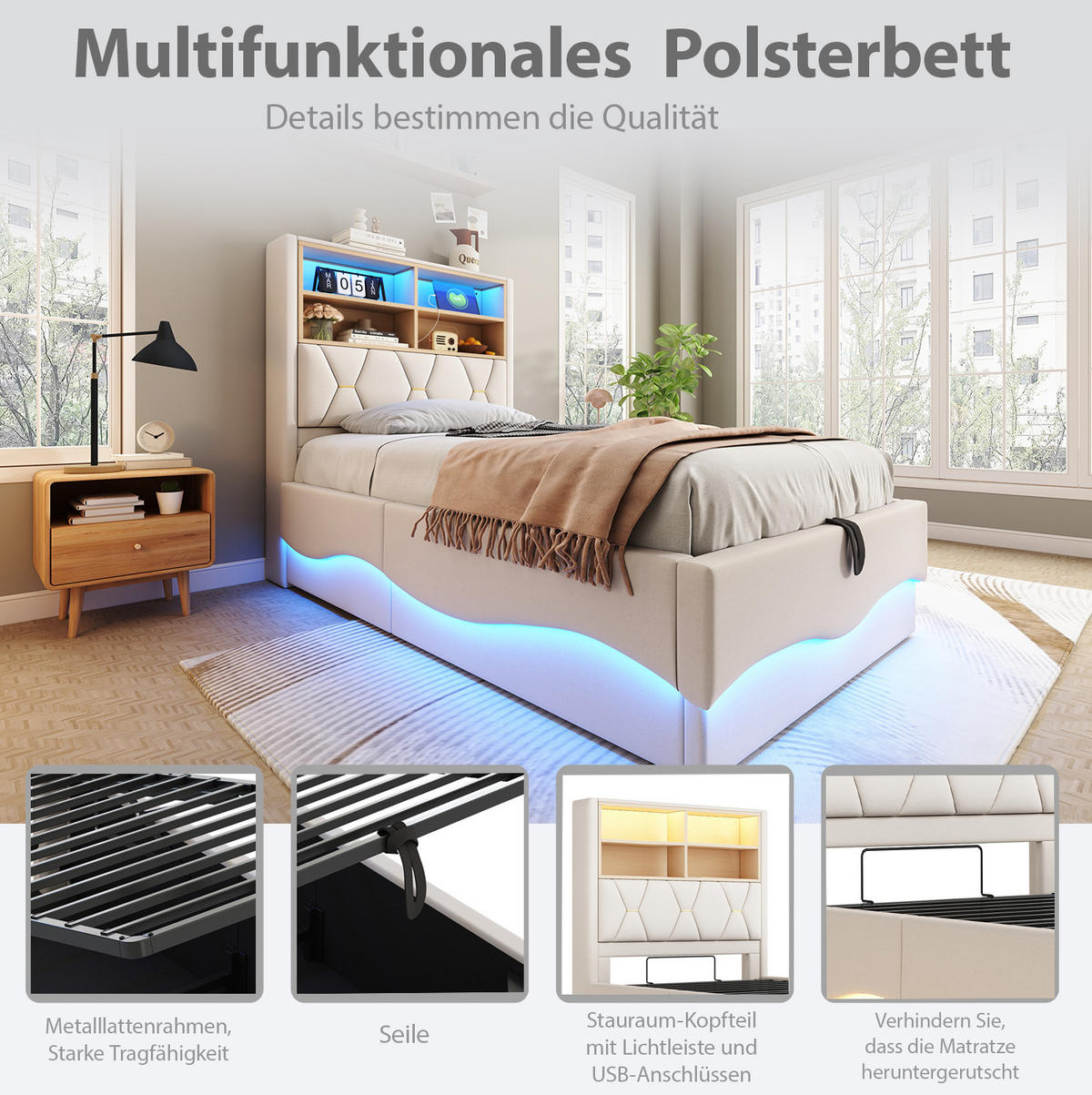 KINDERBETT 90/200 cm aus Leinen und Metall mit LED-Beleuchtung, USB-Anschluss und Stauraum Beige - Beige, Metall (90/200cm) - Modenvie