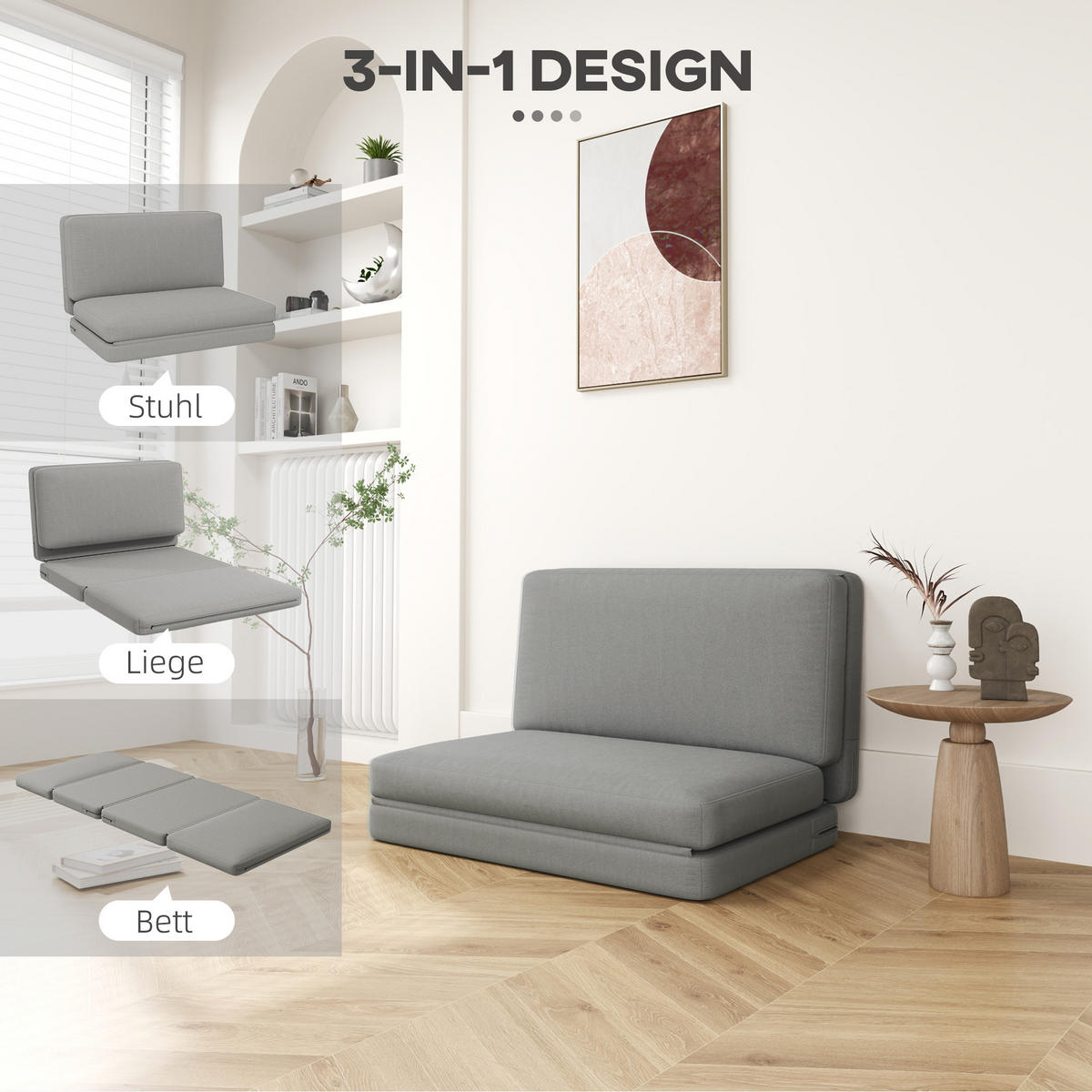 BODENSOFA 3-in-1 Klappbar Schlafsofa mit Samtoptik für Schlafzimmer, Wohnzimmer - Hellgrau, Textil (120/10/275cm) - HOMCOM