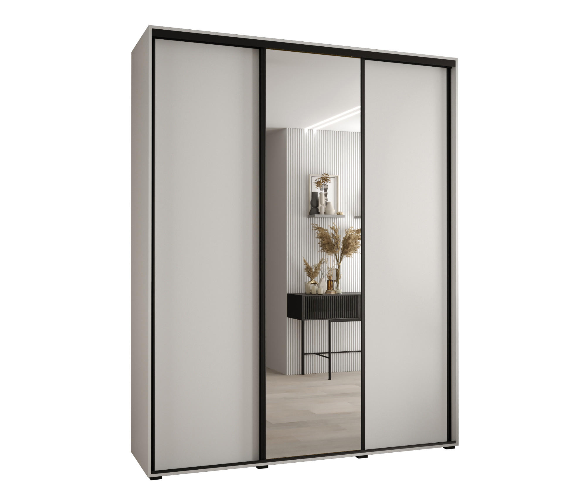 Abiks Möbel Schwebetürenschrank Weiß, Weiß, Schwarz 190x235x45 cm