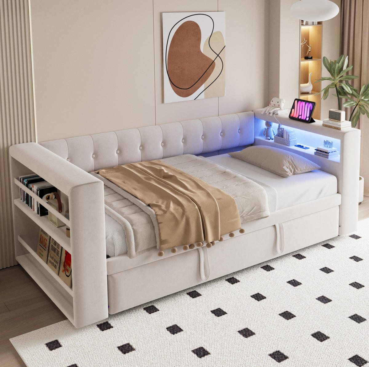 POLSTERBETT 90/180 x 190 cm aus Flannelette mit LED-Beleuchtung Steckdose und Stauraum Beige - Beige, Textil (90/180cm) - Modenvie