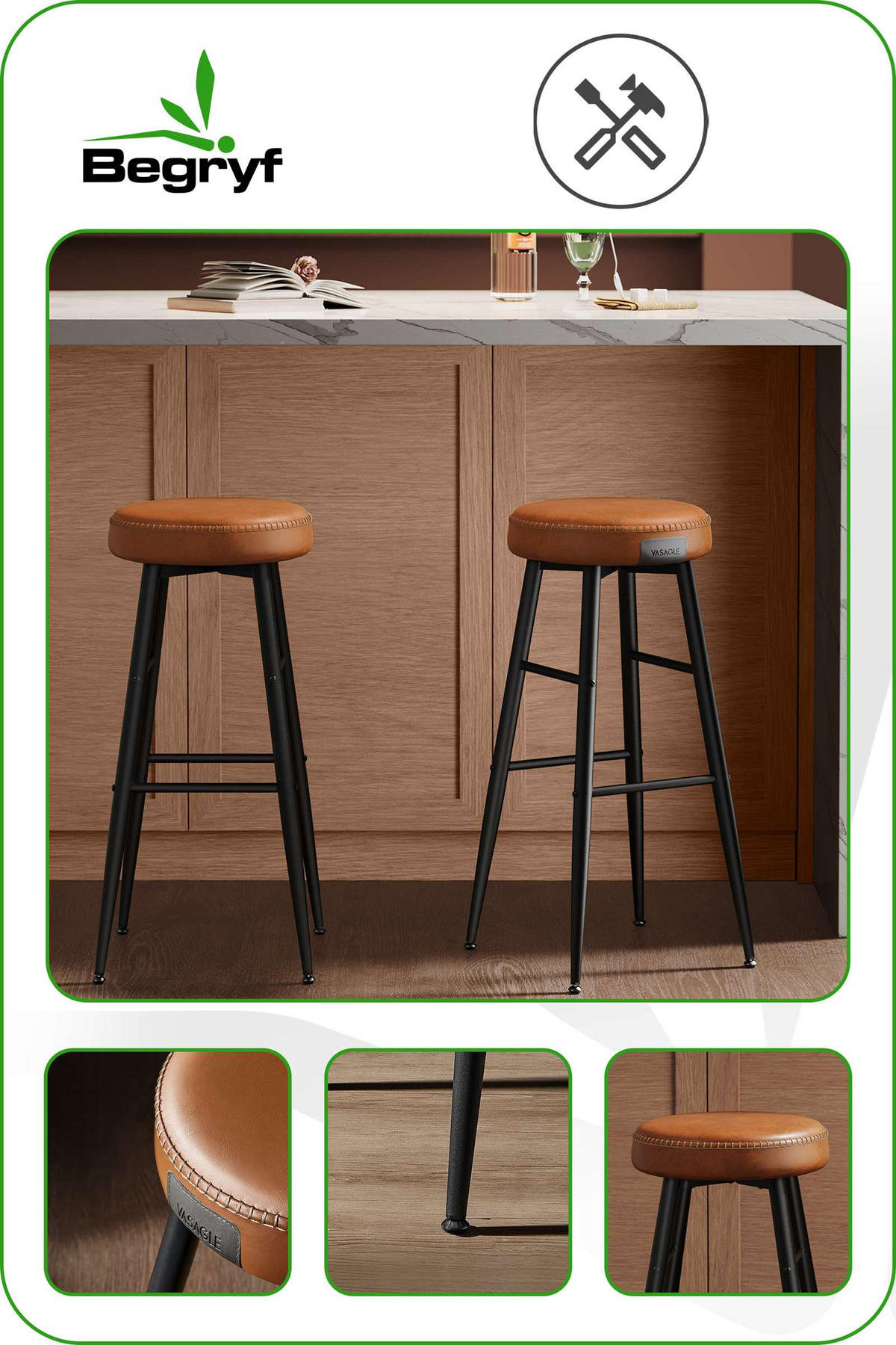 BARHOCKER Metall Kunstleder Braun Schwarz 2er Set 76,2x51,6x33 cm - Schwarz/Braun, Holzwerkstoff/Textil (33/76/33cm) - Begryf