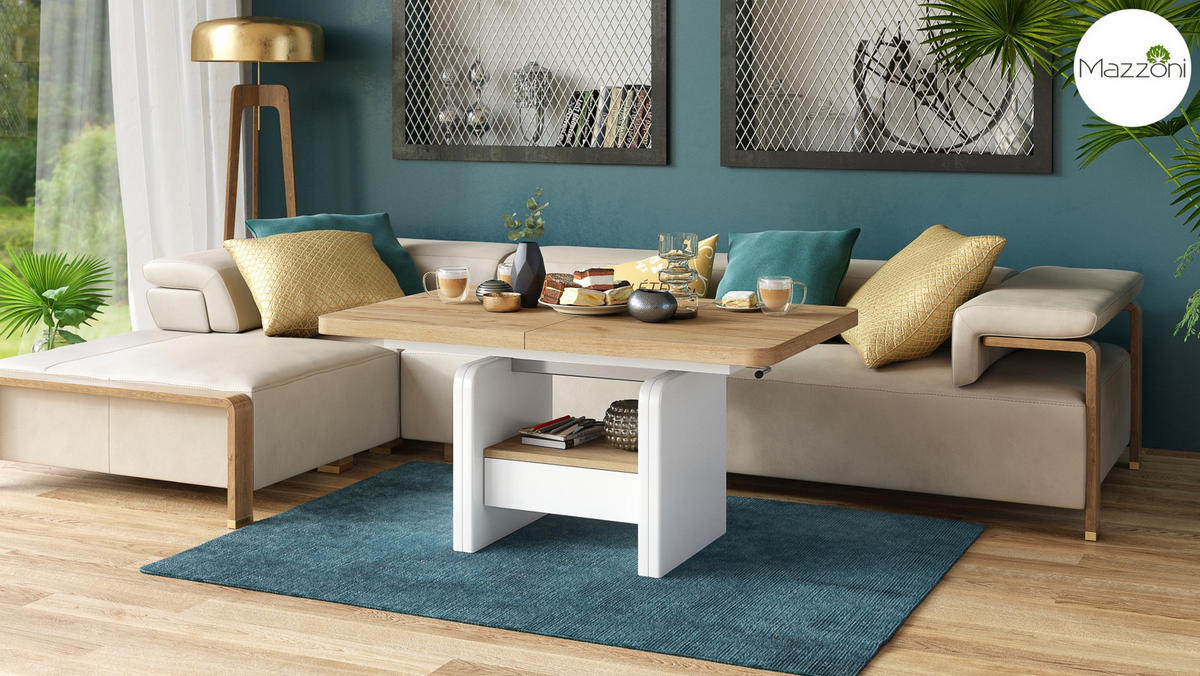 COUCHTISCH rechteckig Eiche Gold - Weiß höhenverstellbar ausziehbar - Eichefarben/Weiß, Holzwerkstoff (75/180/75cm) - designimpex