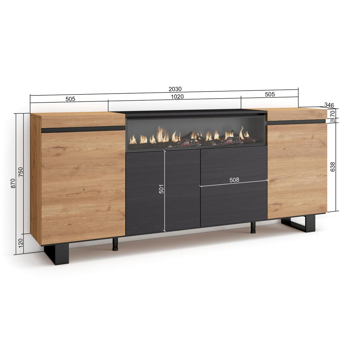 SIDEBOARD Elektrokamin, eiche, schwarz, 200/35/87cm - Multicolor, Holzwerkstoff (200/87/35cm) - Skraut Home