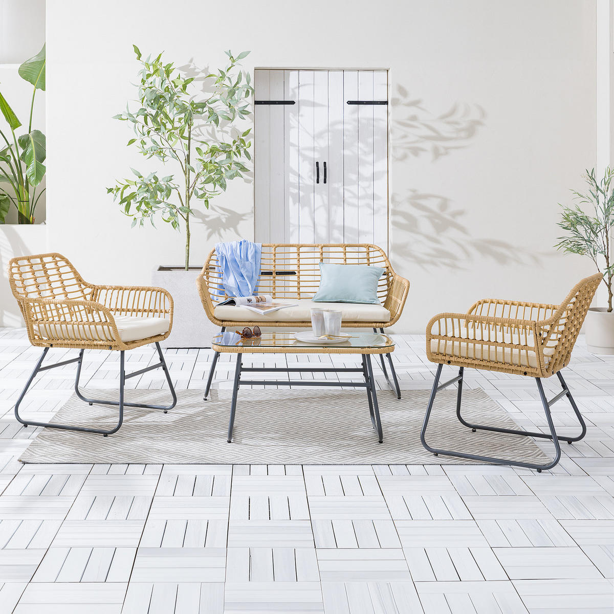 LOUNGESET - Polyrattan / Polyester - Braun / Beige - 4-teilig - Beige/Braun, Naturmaterialien/Glas - home24