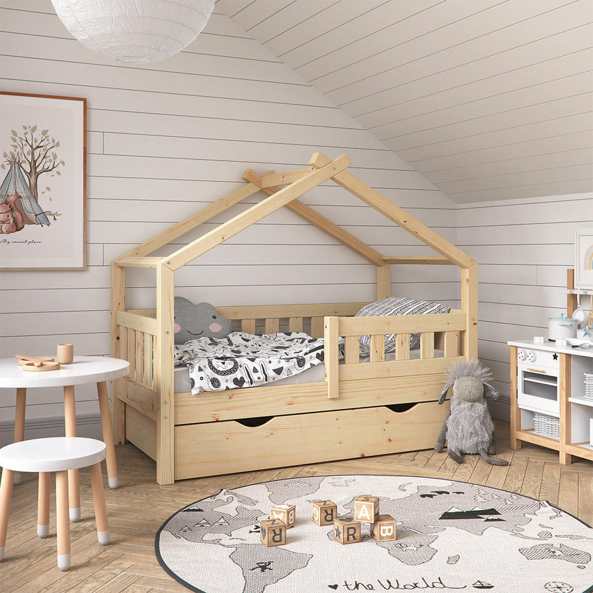 HAUSBETT Design Naturholz 70x140 cm mit Schublade - Braun, Holz (70/140cm) - VitaliSpa