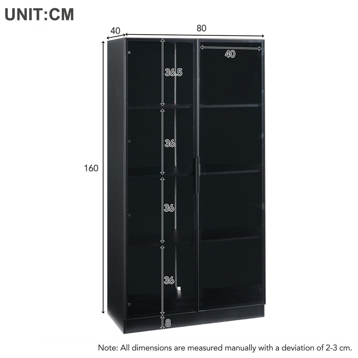 VITRINE 80/40/160 cm Schwarz aus Spanplatte mit LED-Beleuchtung - Schwarz, Holzwerkstoff (40/160/80cm) - OKMYHOME