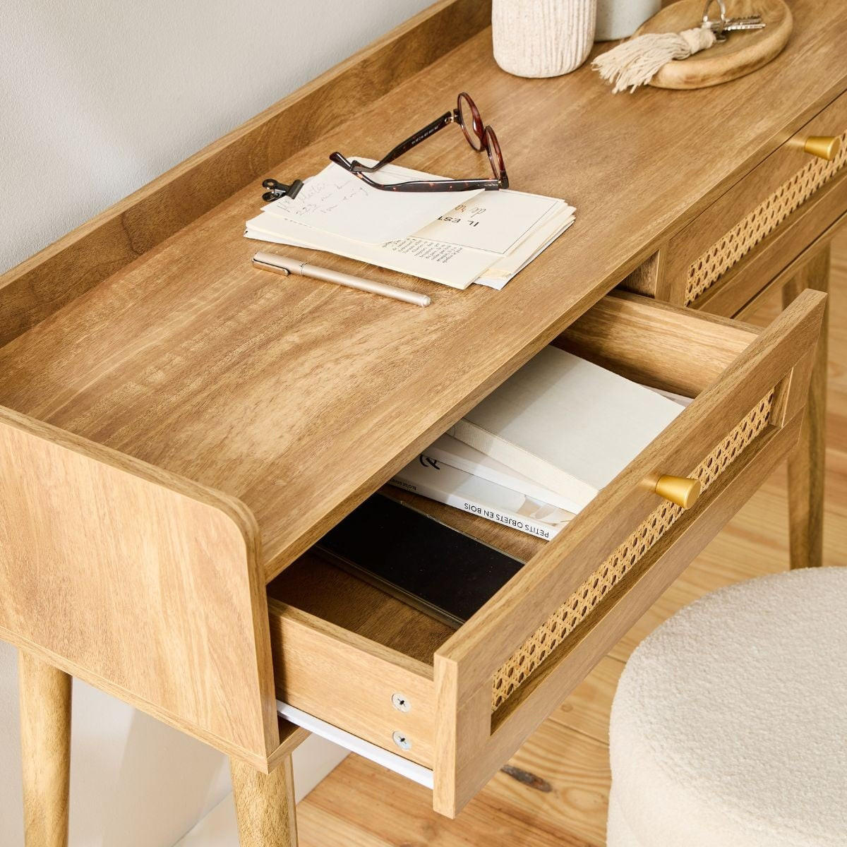 KONSOLE 2 Schubladen mit Rattanfronten und Holzbeinen Palmo 100/35/85,2 cm - Eschefarben, Holzwerkstoff (100/35/85.2cm) - Calicosy