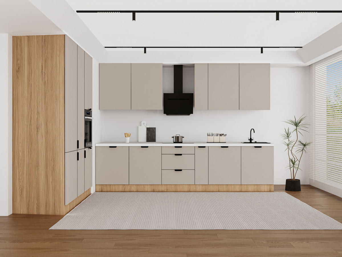 KÜCHENZEILE 320 x 160 cm - Sorento KS13-M320 - in Beige / Sonoma Eiche - Beige/Schwarz, Holz/Metall (480/247/58cm)