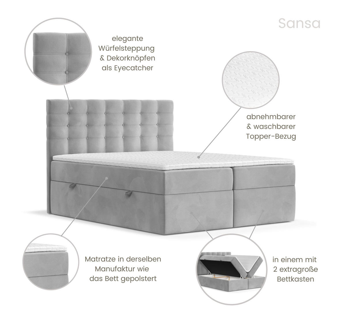 BOXBETT Sansa Grau 120/200 cm mit Taschenmatratze und Topper - Schwarz/Grau, Holz/Holzwerkstoff (120/200cm) - Maison de Reve