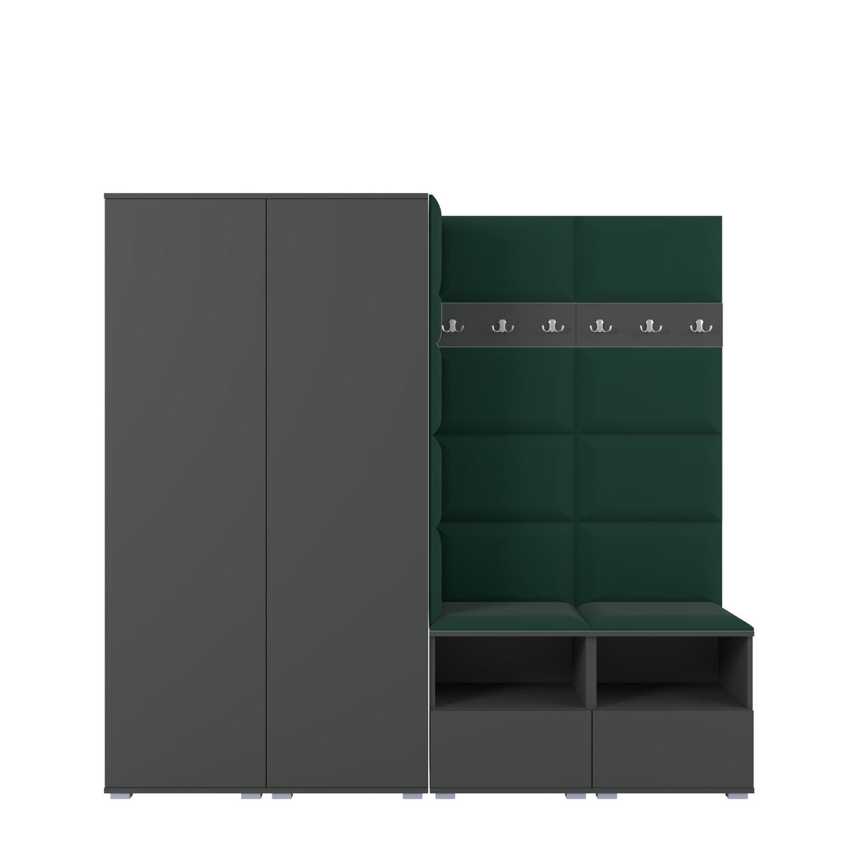 GARDEROBE NELA VI 200 cm (Kompaktgarderobe Graphit mit Sitzpolster Flaschengrün 28 Schrank & Paneel) - Dunkelgrün/Silberfarben, Holz/Holzwerkstoff (200/187/40cm) - Ravio