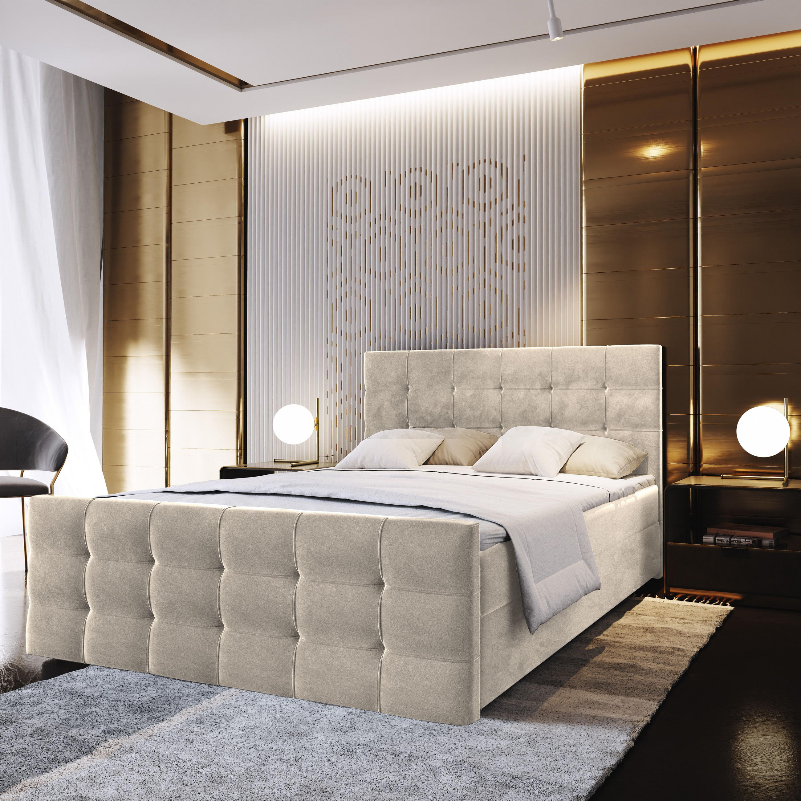 BOXBETT AMON 160x200 cm mit Matratze und Topper - Beige - Beige, Holz (160/200cm) - MASSENO