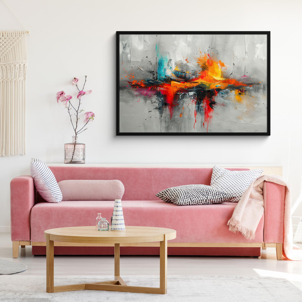 POSTER MIT RAHMENGERAHMTES BILD Moderne Kunst - Orange - Grau - Abstrakt 120x80 cm - Hellgrau, Papier (120/80cm) - MuchoWow