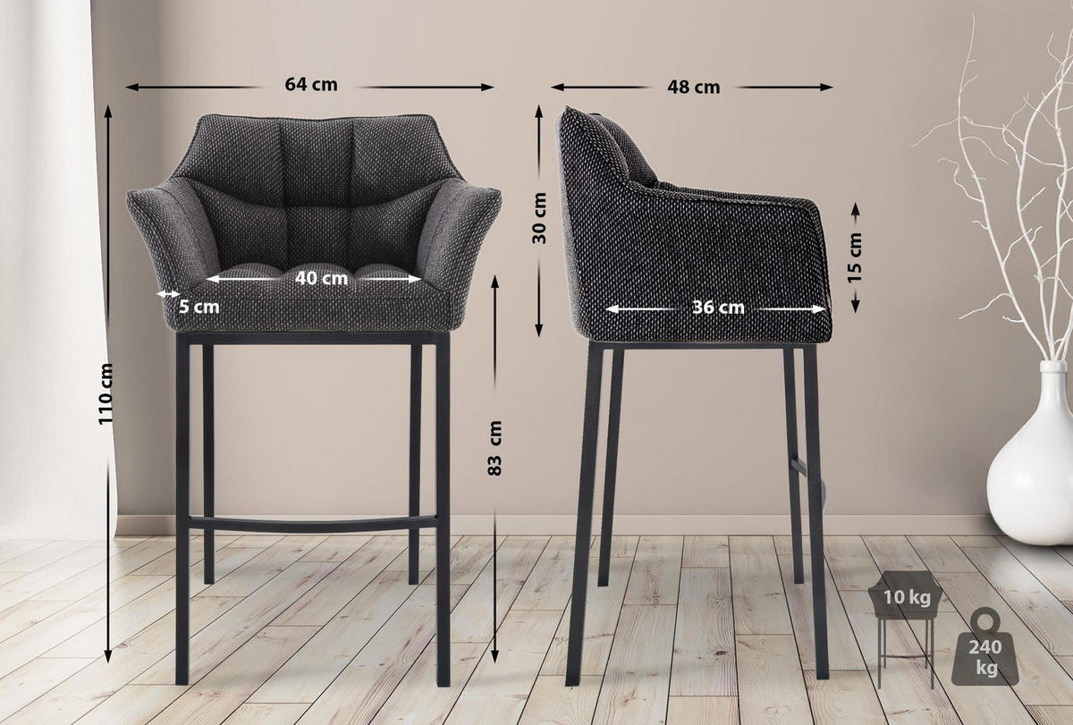 BARHOCKER Gibel Stoff Titangrau Schwarz - Titanfarben, Textil (64/110/48cm) - DELUKE