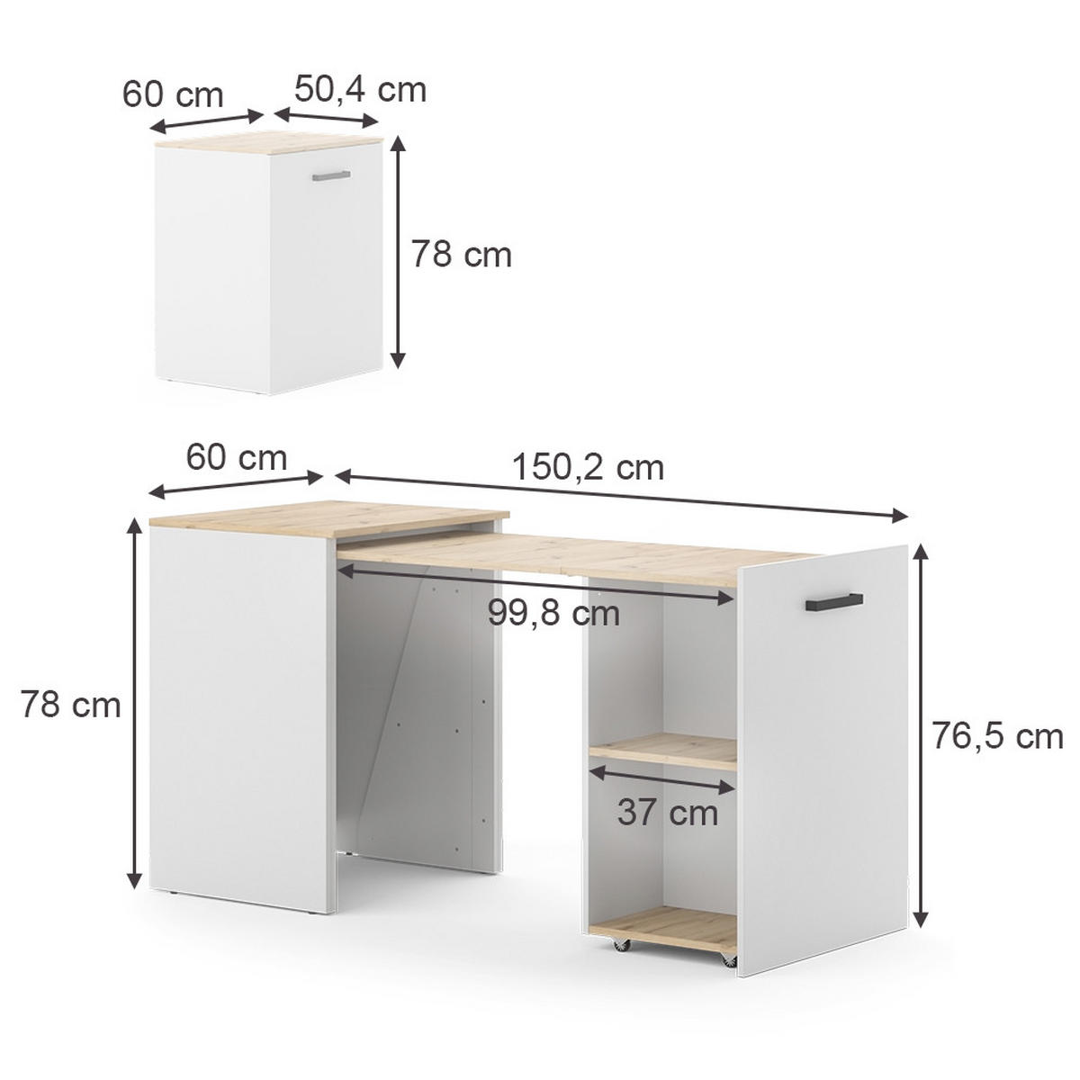 SCHREIBTISCH Adam Greige/Artisan-Eiche 60 x 50.4 cm ausziehbar - Greige/Eiche Artisan, Holzwerkstoff (50.4/60/78cm) - Vicco