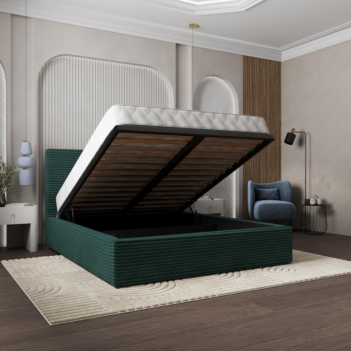 POLSTERBETT MIRETTI 160x200 cm mit Bettkästen - Grün - Grün, Holz (160/200cm) - MASSENO