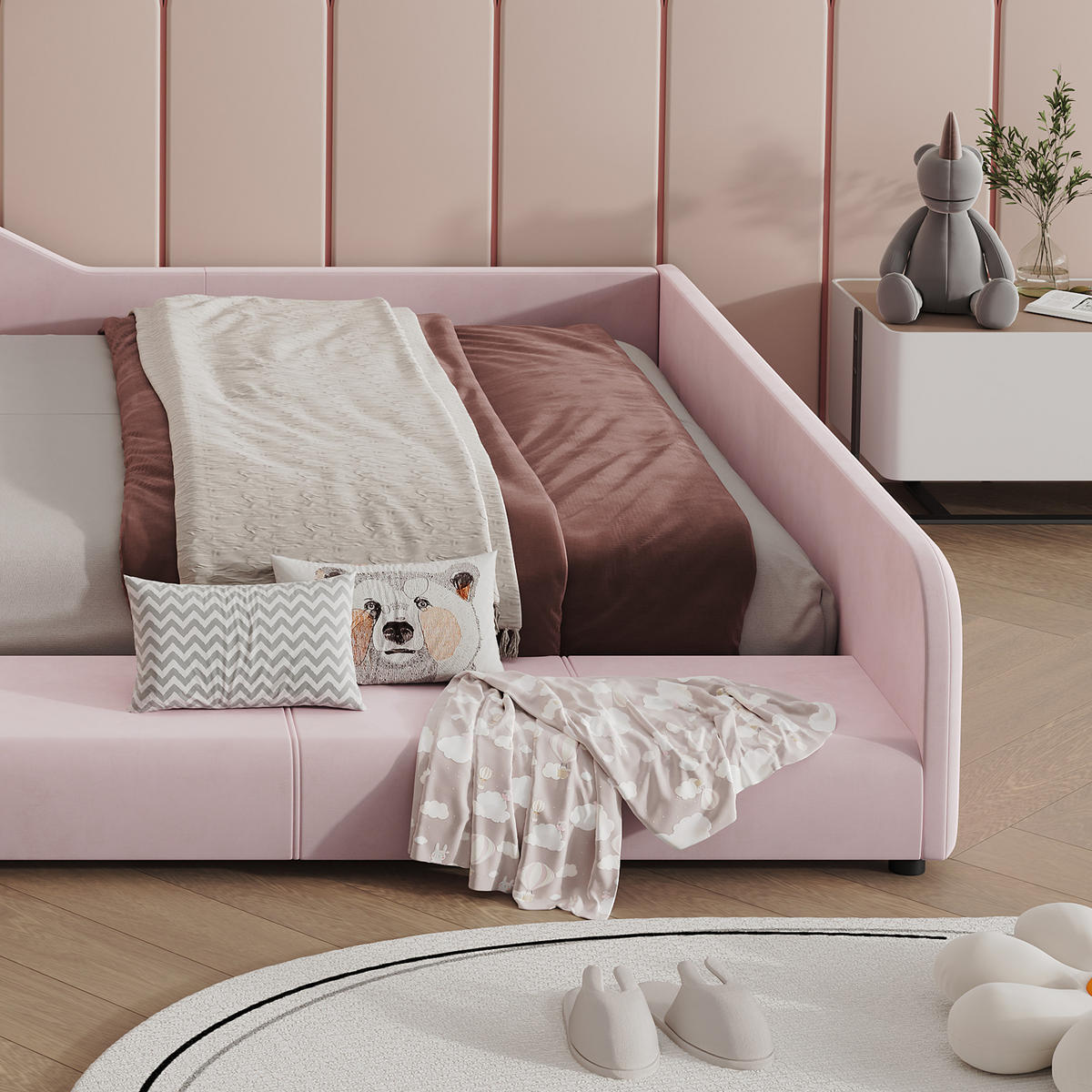 POLSTERBETT 140/200 cm in Pink mit Schreibtisch, Hocker und Ablageboden aus Samt - Kinderzimmer mit Stil - Rosa, Holzwerkstoff/Textil (140/200cm) - STILVORA