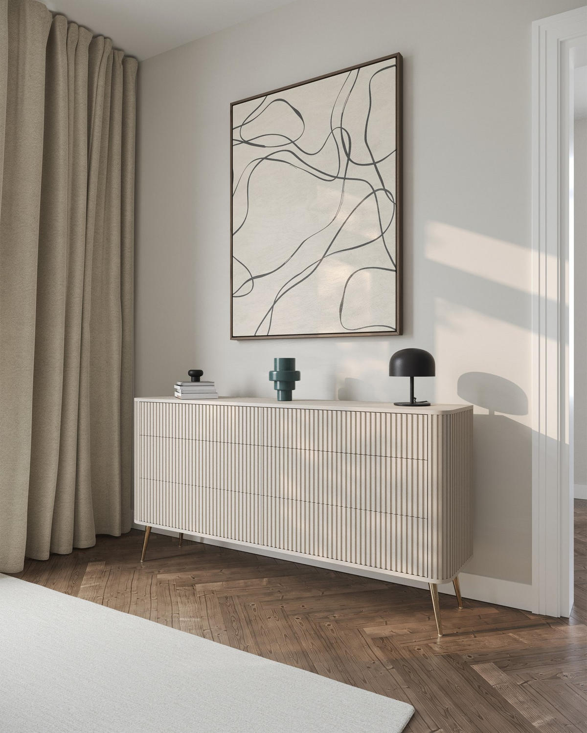KOMMODE Ovarlo Greige mit Metallbeinen 168 cm - Taupe/Goldfarben, Holzwerkstoff/Metall (168/83.8/38cm) - Selsey