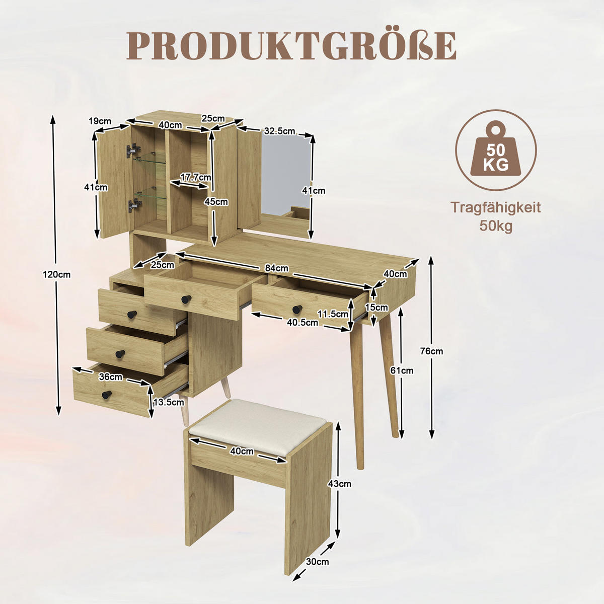 SCHMINKTISCH Set mit Spiegel und Hocker, Frisiertisch ausziehbar, Kosmetiktisch skandinavisch, 84x40x120 cm - Eichefarben/Beige, Glas/Holzwerkstoff (84/120/40cm) - LVHOM