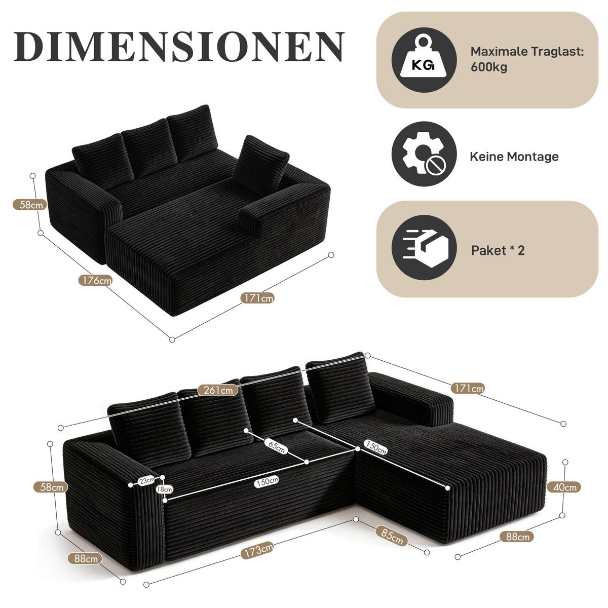 ECKSOFA Cloud L-Form mit linker Chaise, DE-42592, Schwarz - Schwarz, Textil (261/168cm) - ComfortXL