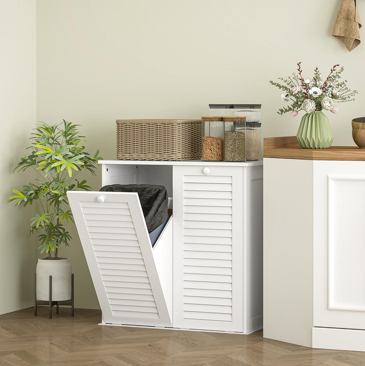 BADEZIMMERSCHRANK 70x38x73 cm Weiß aus MDF mit 2 Wäschekörben & Lamellentüren - Weiß, Holzwerkstoff (70/73/38cm) - Modfu