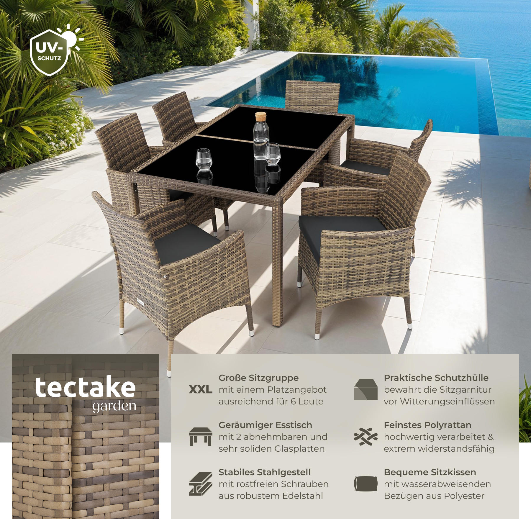 RATTAN SITZGRUPPE Porto,inklusive Schutzhülle,natur/dunkelgrau - Naturfarben, Kunststoff - tectake
