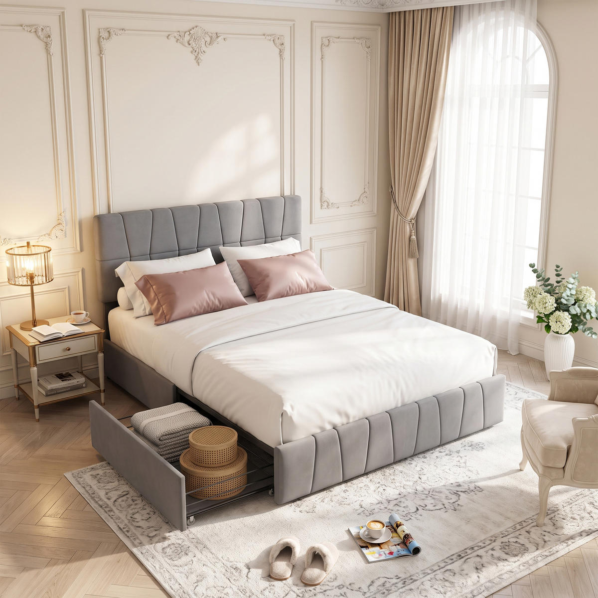 POLSTERBETT 160x200 cm mit 4 Schubladen, Doppelbett 160x200 mit Stauraum, Lattenrost, grauer Samtstoff - Grau, Holz/Holzwerkstoff (160/200cm) - GENKI LIVING