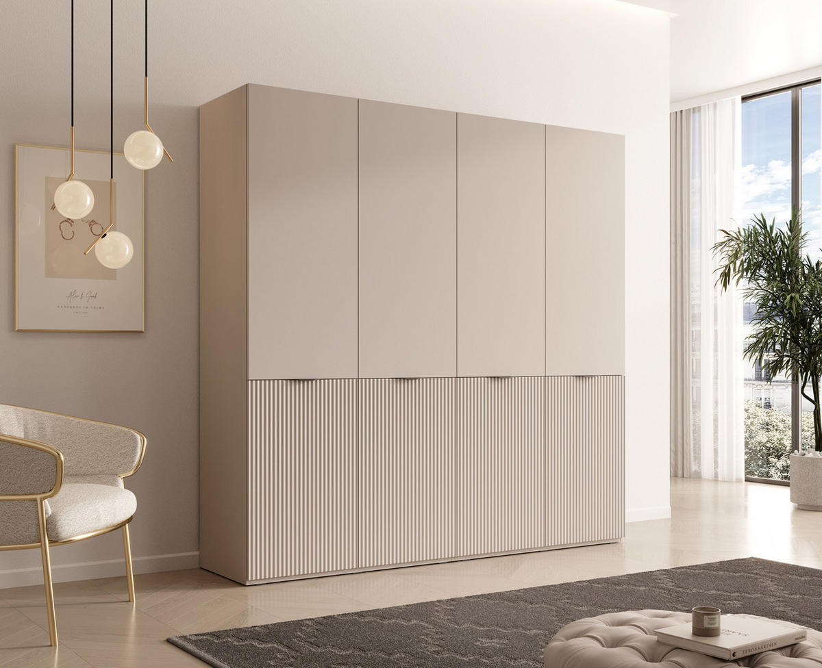 KLEIDERSCHRANK ZEN (Modular, Cashmere Matt, Rillenfront, 4-türig) - Kaschmir/Schwarz, Holz/Holzwerkstoff (202/200/51cm) - Ravio