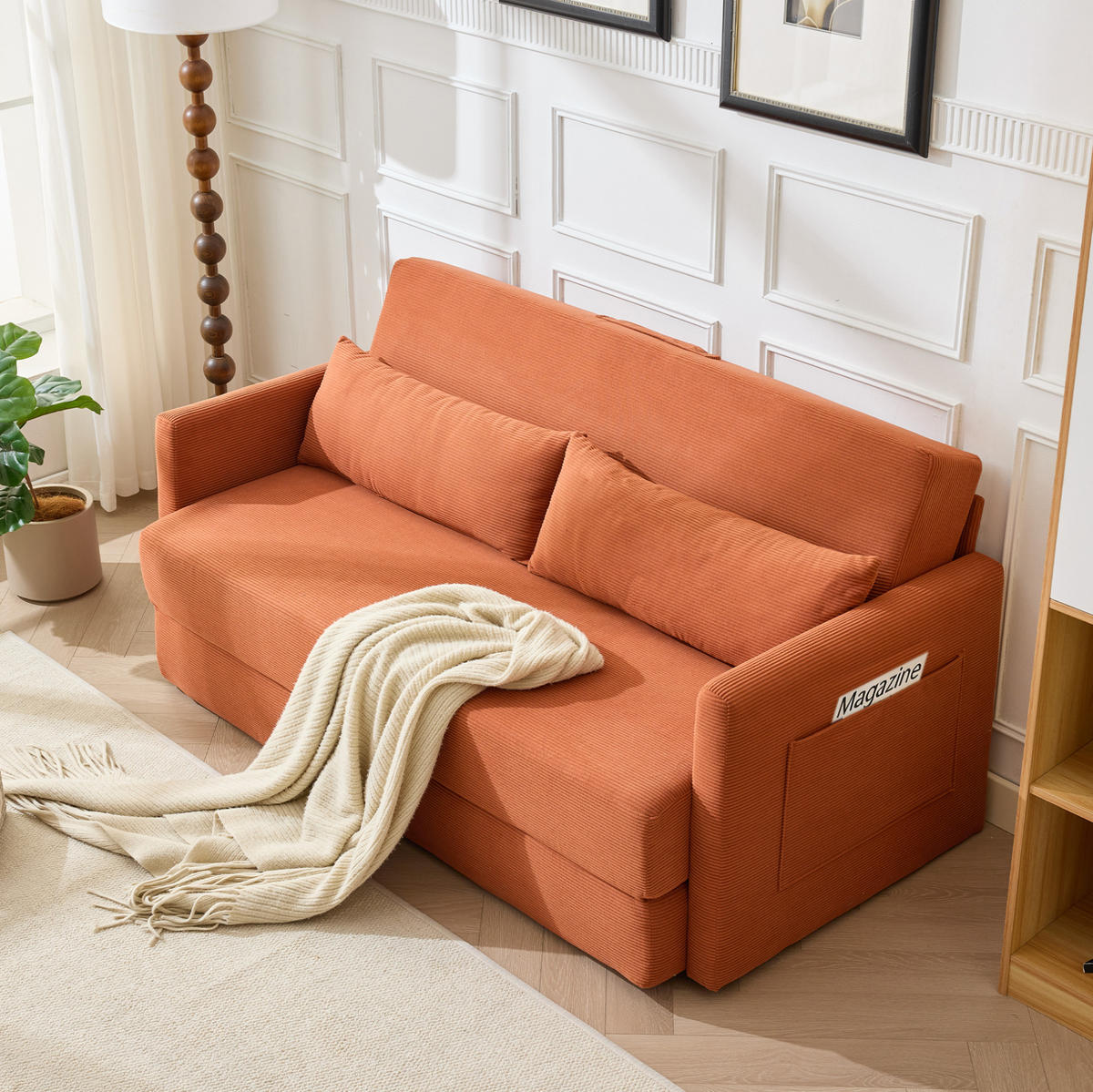 SOFABETT klappbar 165 x 92 cm Cord Orange 2-Sitzer - Orange, Metall (165/82/92cm) - Meubliv
