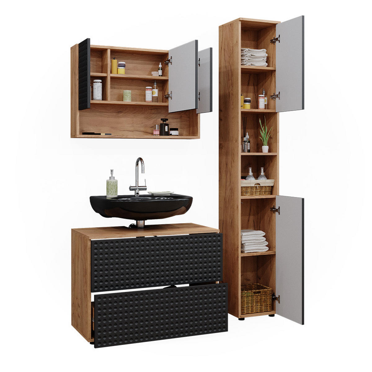 BADMÖBEL-SET Irma Anthrazit gepunktet 3 Teile mit Spiegelschrank 80 cm - Honigeiche/Anthrazit, Holzwerkstoff (80/58.6/41cm) - Vicco