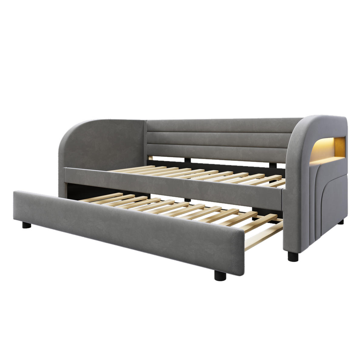 ČALOUNĚNÁ POSTEL 90/200 cm v šedé barvě s výsuvným lůžkem a LED - šedá, kov/kompozitní dřevo (90/200cm) - CHICFURN