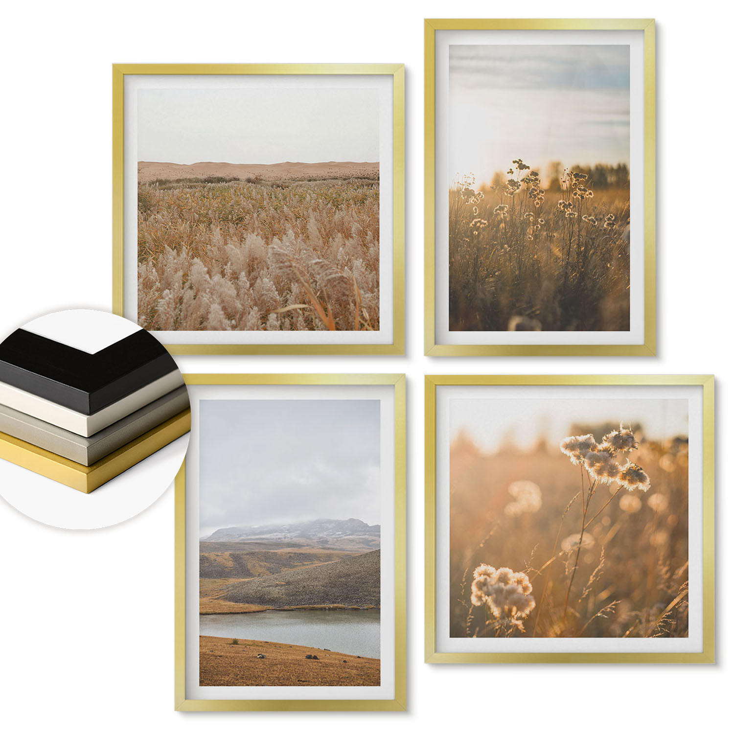 WANDBILDER 4er Set - 50x50 cm & 40x60 cm Goldrahmen - Landschaften Wiesen Berge See - Goldfarben, Kunststoff (50/50cm) - ArtPrintCave