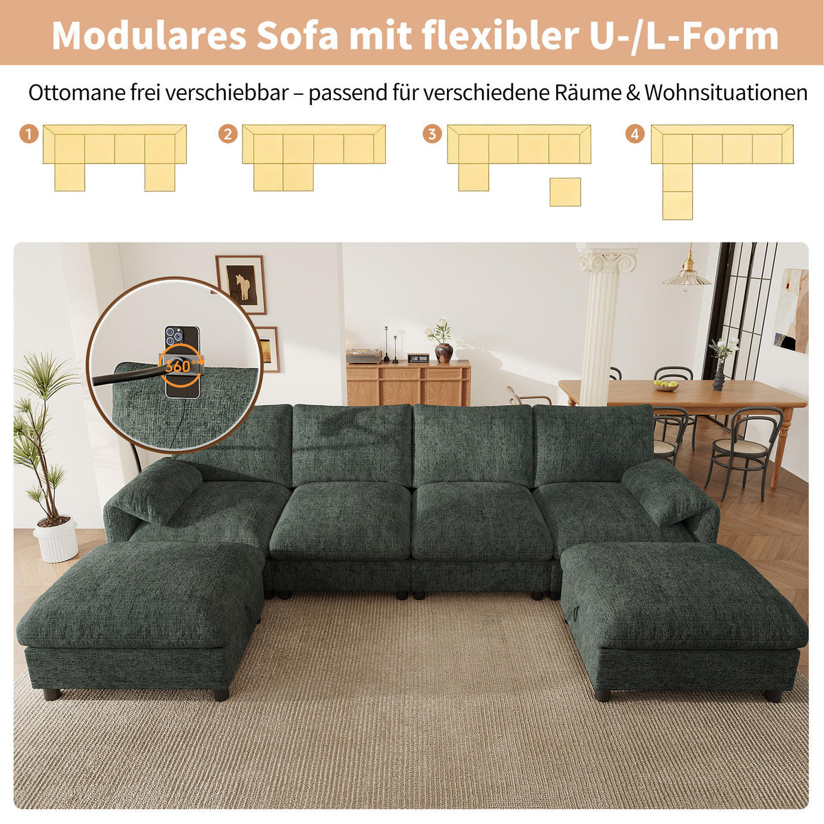 SCHLAFSOFA mit 6 Sitzen aus Chenille mit USB/Type-C, Handyhalter und Stauraum-Hockern - Grün, Textil (273.5/81/133cm) - EVRYAE