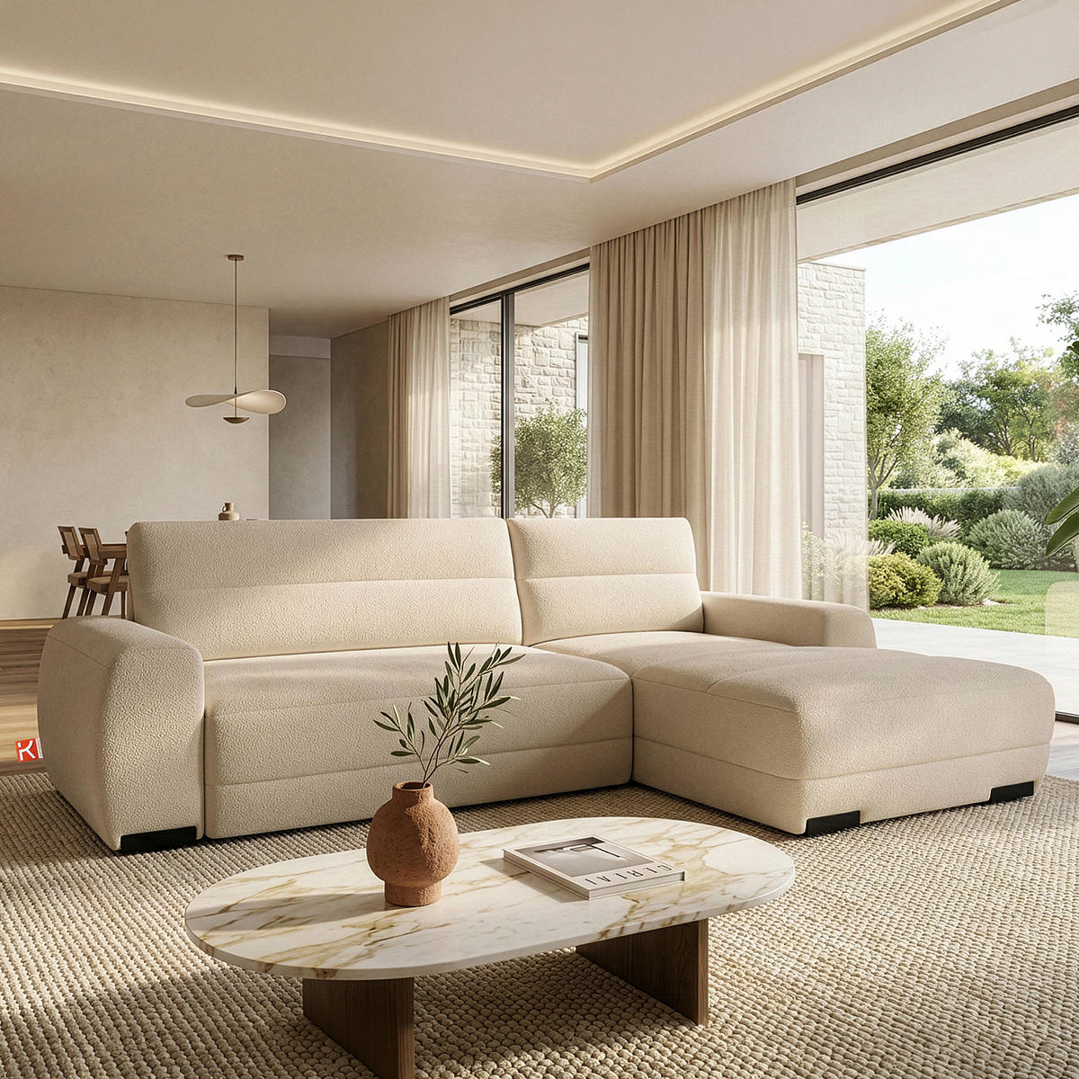 ECKSOFA RECHTS BLUME, Cremefarbe - Creme, Holz/Holzwerkstoff (271/164cm) - KONSIMO®