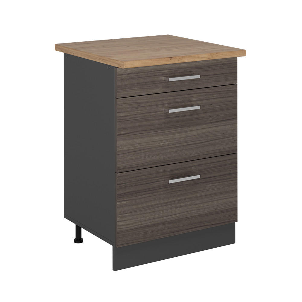 KÜCHENUNTERSCHRANK R-Line Edelgrau 60 cm mit Schubladen, AP Eiche - Anthrazit/Braun, Holzwerkstoff (60/81.6/60cm) - Vicco