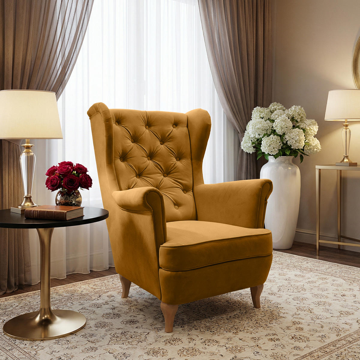 CHESTERFIELD-SESSEL Falco gelb mit Holzbeinen - Gelb/Buchefarben, Holz/Textil (82/102/92cm) - Beautysofa