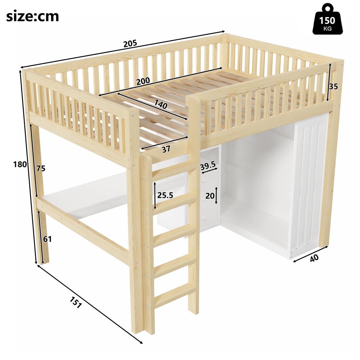 HOCHBETT mit Schreibtisch 140/200 cm in Natur – mit Kleiderschrank, Treppe und Stauraum - Naturfarben, Holz (140/200cm) - BEAOK