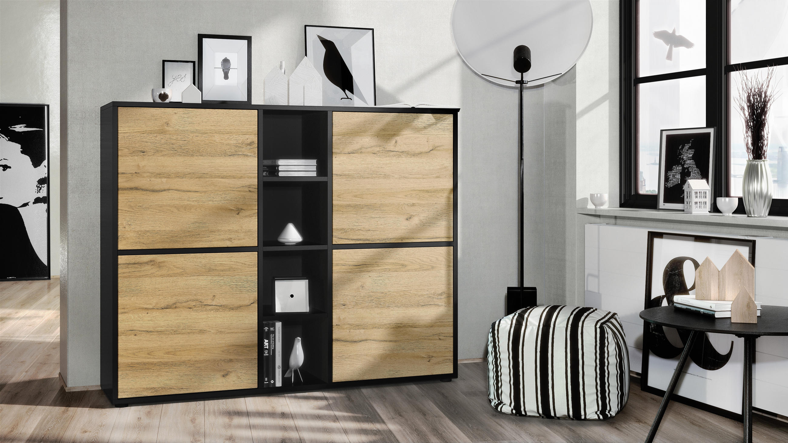 Thumbnail - Vladon Highboard, Eiche, Holzwerkstoff, 130.5x105.5x35.5 cm, Wohnzimmer, Kommoden & Sideboards, Highboards