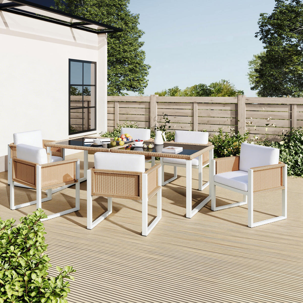 GARTENLOUNGE-SET Polyrattan-Gartenmöbel 6-Personen-Garten-Essgruppe - Schwarz/Weiß, Textil/Metall - STILVORA