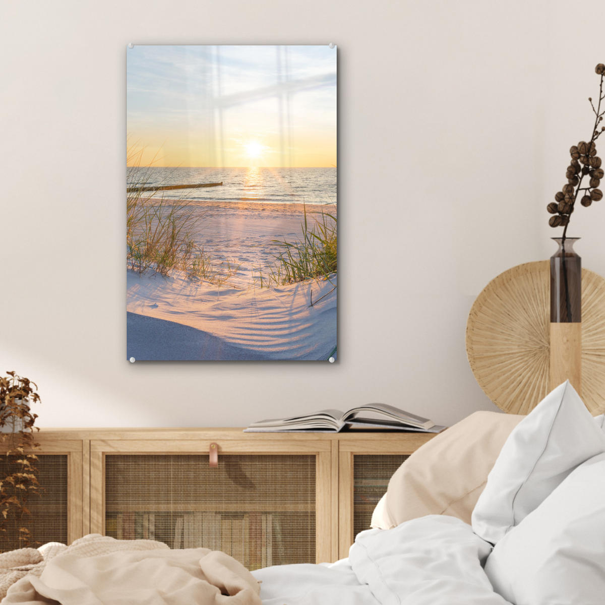 ACRYLGLASBILD Strand - Sonne - Düne - Gras - Sand - Horizont 40x60 cm - Hellblau, Glas (40/60cm) - MuchoWow