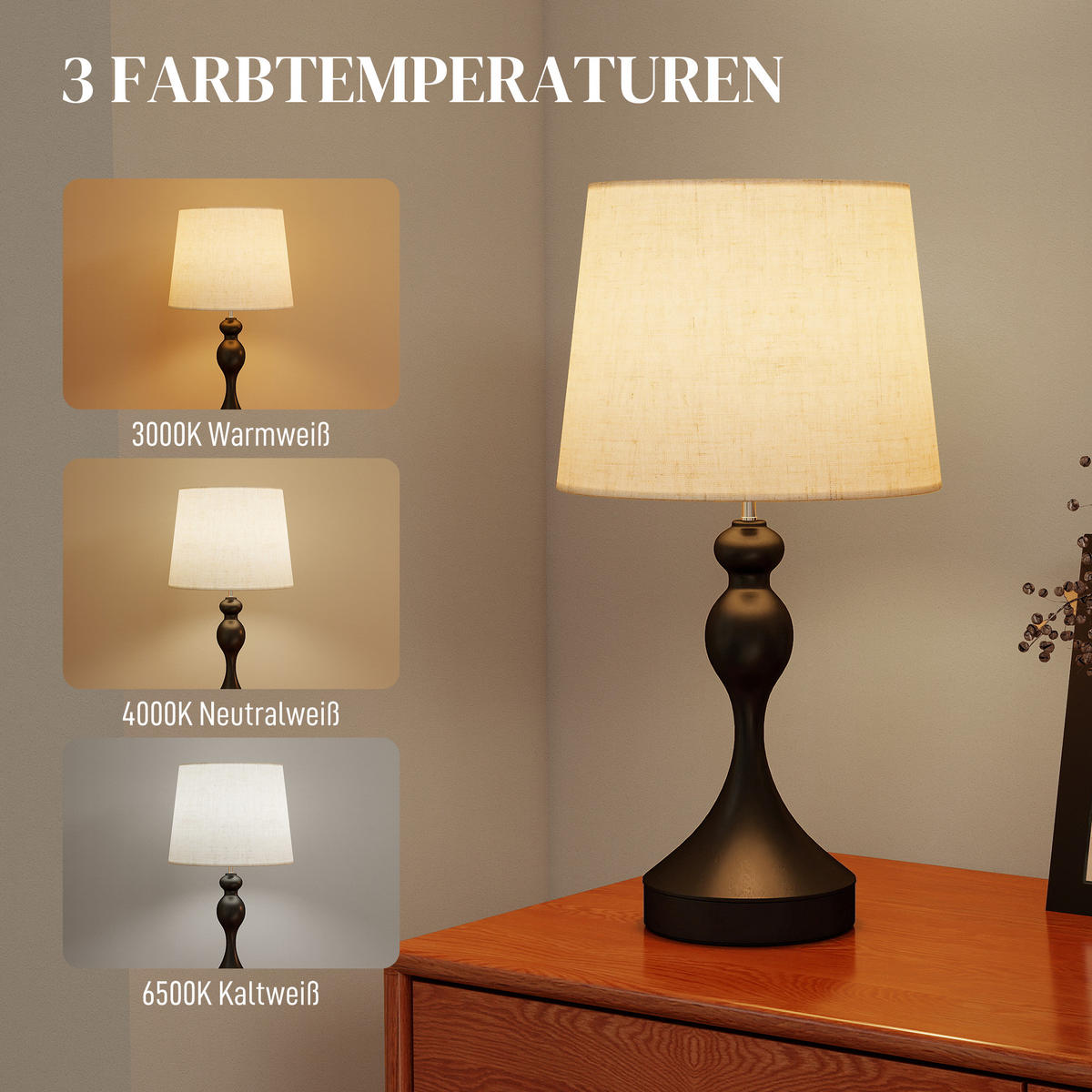 TISCHLAMPE mit 3 Farbtemperaturen Schwarz - Schwarz, Metall (28/28/54cm) - HOMCOM