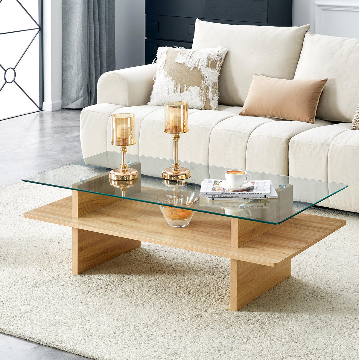 COUCHTISCH 115/55/40 mit Glasplatte, MDF-Ablage und stabilem Rahmen, Holzfarben - Naturfarben, Holzwerkstoff (115/55/40cm) - Redom
