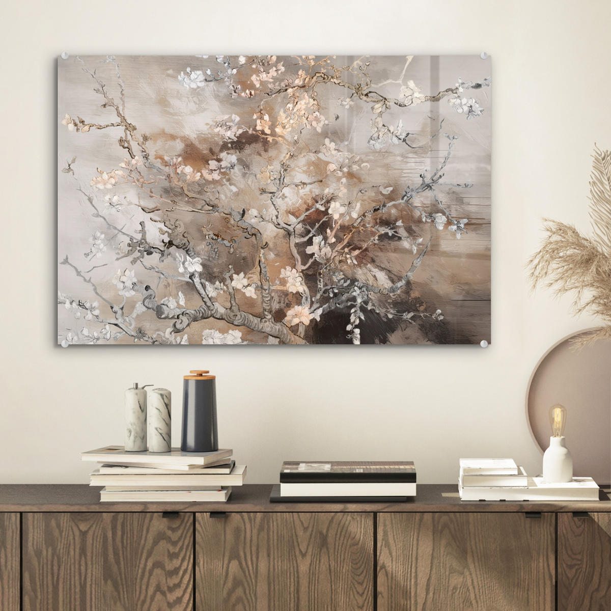 ACRYLGLASBILD Mandelblüte - Kunst - Van Gogh - Beige - Abstrakt 60x40 cm - Braun, Glas (60/40cm) - MuchoWow