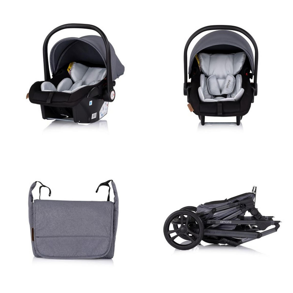 KOMBIKINDERWAGEN Amore 3 in 1 grau gemustert Babyschale Adapter Wickeltasche Fußabdeckung - Dunkelgrau, Metall (95/63/105cm) - Chipolino