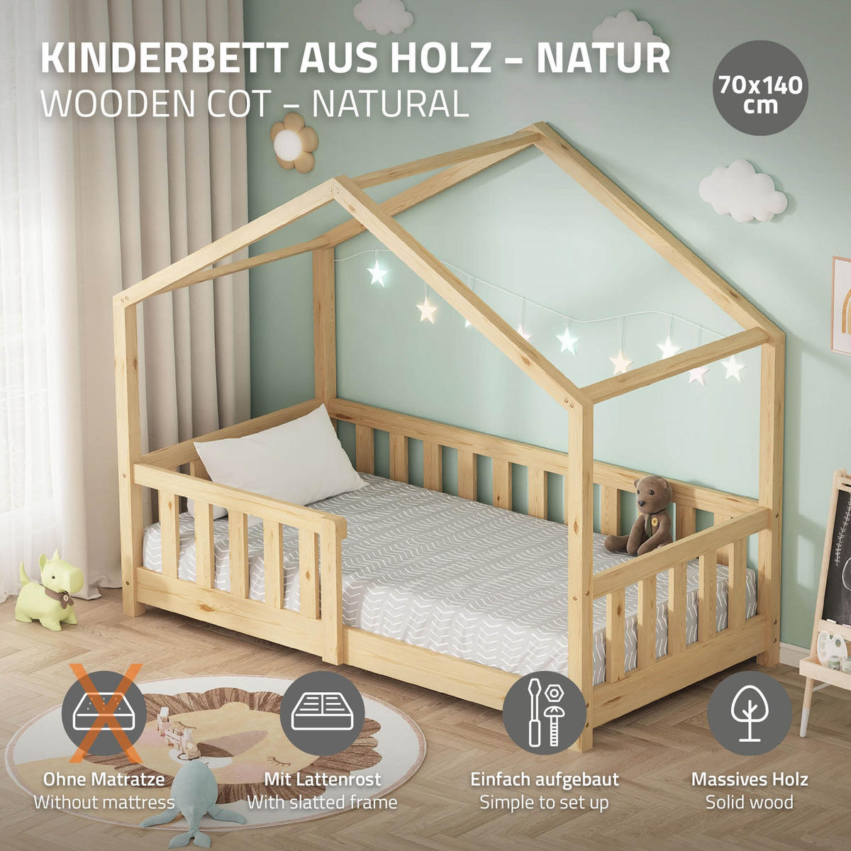 HAUSBETT 70x140 cm Natur aus Kiefernholz mit Rausfallschutz - Beige, Holz (70/140cm) - ML-DESIGN
