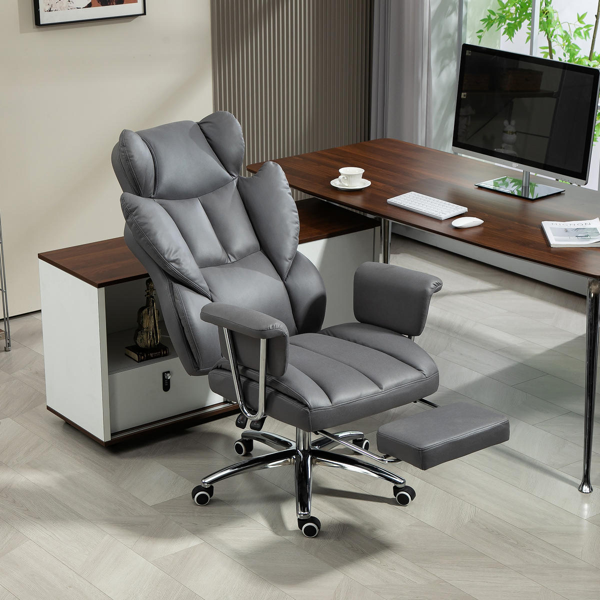 BÜROSTUHL mit Liegefunktion, ergonomisch Schreibtischstuhl, Drehstuhl Dunkelgrau - Chromfarben/Dunkelgrau, Textil/Metall (65/128/74cm) - HOMCOM